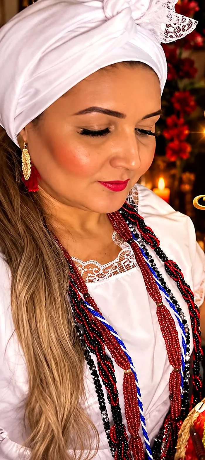 Mãe Biah de olhos baixos, com a mão sobre os búzios em uma mesa vermelha